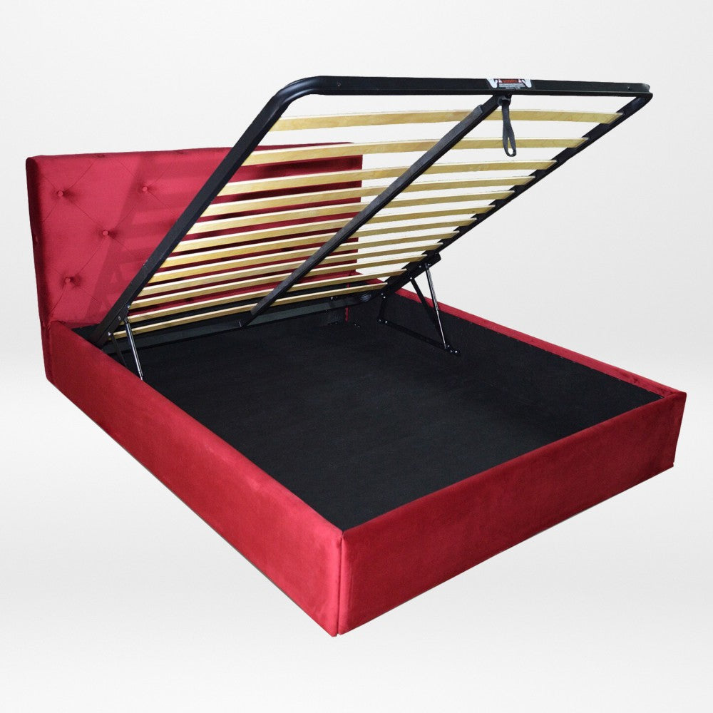 Pat tapitat Quadro Plus cu somiera rabatabila si spatiu de depozitare, Blue